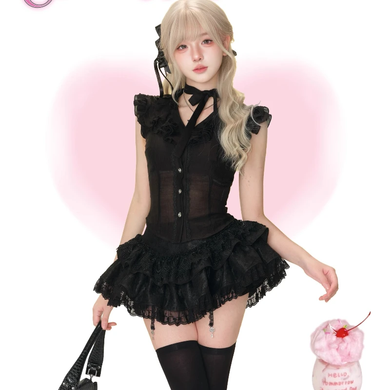 Original Design 2025 Summer Black Slightly Transparent Women's Top Japanese Lace Hollow Out Sweet Mini Cake Skirt Sets Ladies