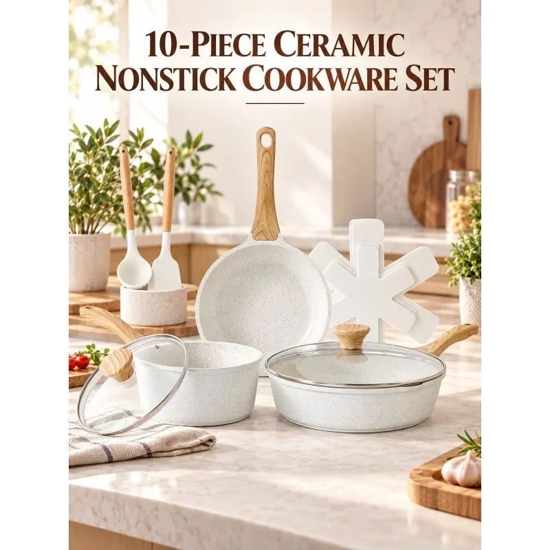10-Piece White Ceramic Nonstick Cookware Set, 8-Inch Frying Pan, 10-Inch Sauté Pan & 2-Qt Saucepan With Lids, Silicone Utensils And Pan Protectors, Induction Compatible, Easy-Clean Kitchen Cooking Set