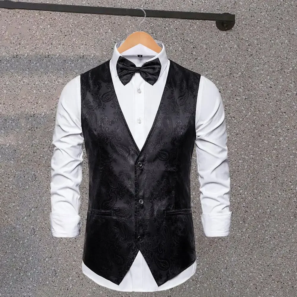 Men Suit Vest Formal Vintage Print Single-breasted V Neck Buttons Sleeveless Slim Fit Cardigan Groom Wedding Emcee Performance W