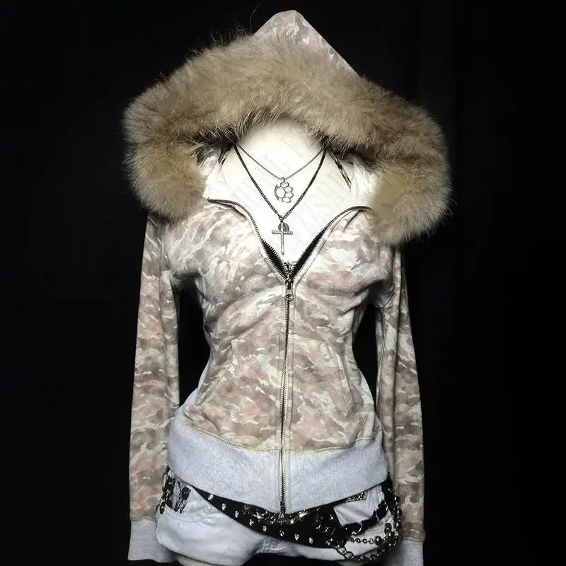 Wear Y2K Outdoor Sports Zipper Hooded Sweatshirt Punk Hip-hop Dark Faux Fur Leather Collar Camouflage Rock Gothic Jacket Retro