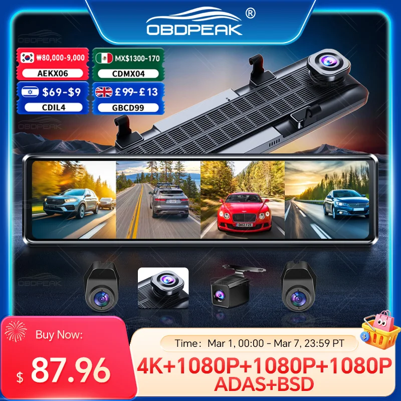 OBDPEAK 4K Dash Cam A8 4-Channel Record 1080P ADAS BSD Car DVR WIFI APP Rear View Mirror Auto Video Camera Ultra HD 24H Parking