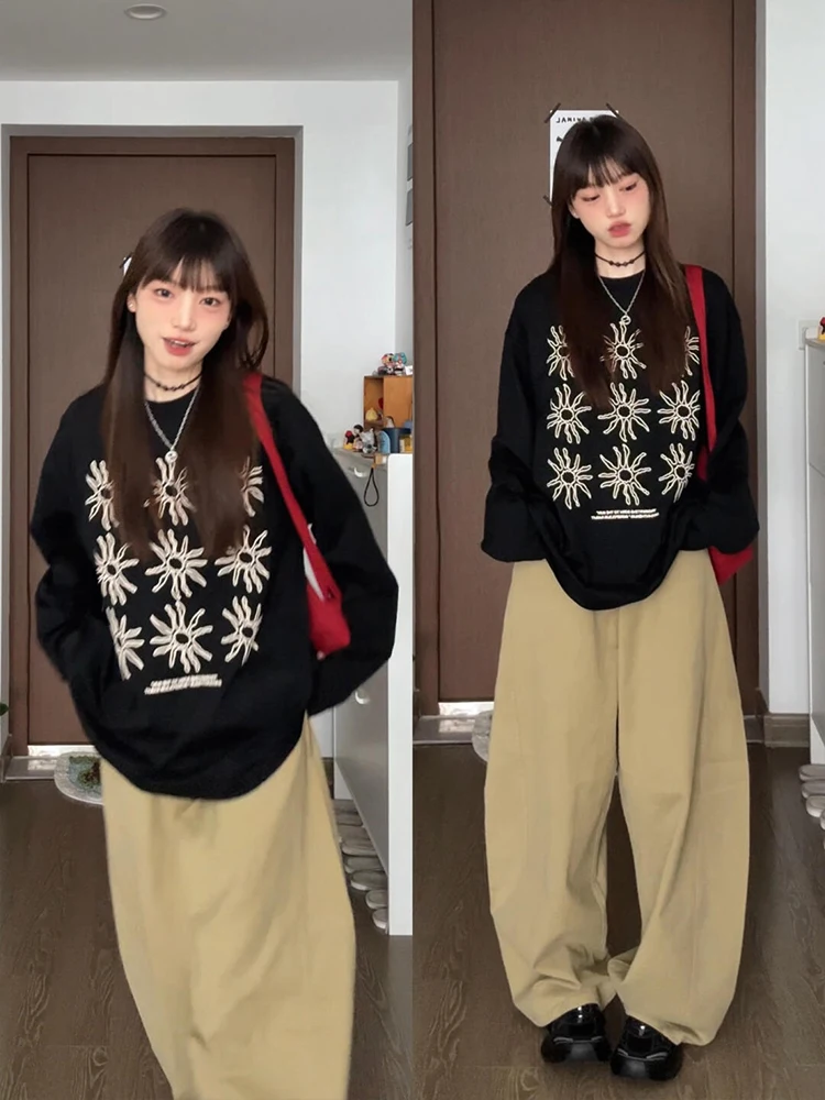 

Loose Casual Long Sve Women's T-irt Spring 2025 New Sle Base irt Couple Tops Korean Lazy Suower Print Tee