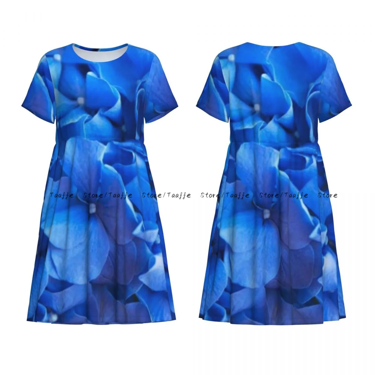 ผู้หญิงชุดลําลองหรูหราดอกไม้ไฮเดรนเยียสีฟ้าแขนสั้นชุดหลวมวันหยุดวันหยุดสุดสัปดาห์