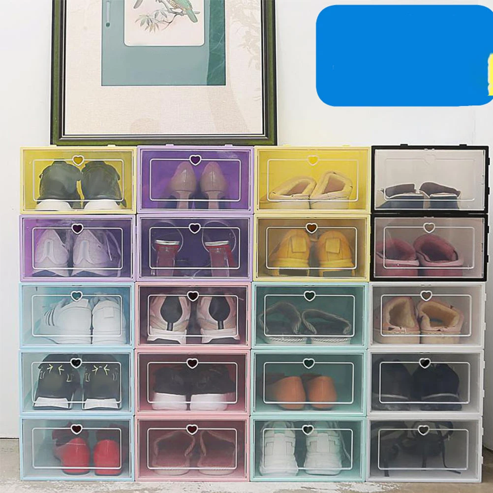 

6pcs Women Heart Pattern Plastic Shoes Storage Box Large Capacity Transparent Organizer Waterproof Dust-Proof Creative