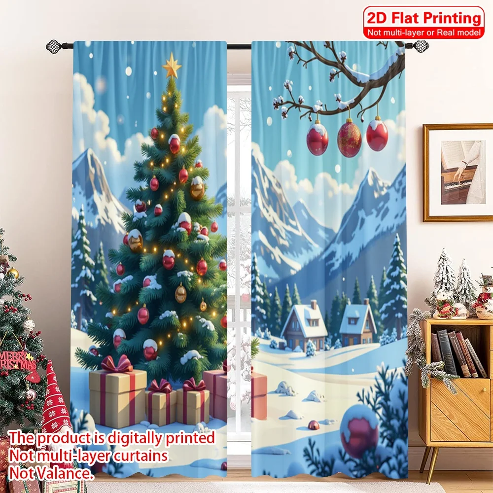 

2pcs 2D flat printing Merry Christmas Popular Curtains Christmas Village Snow Gifts Tree Polyester Without Electricity Festive