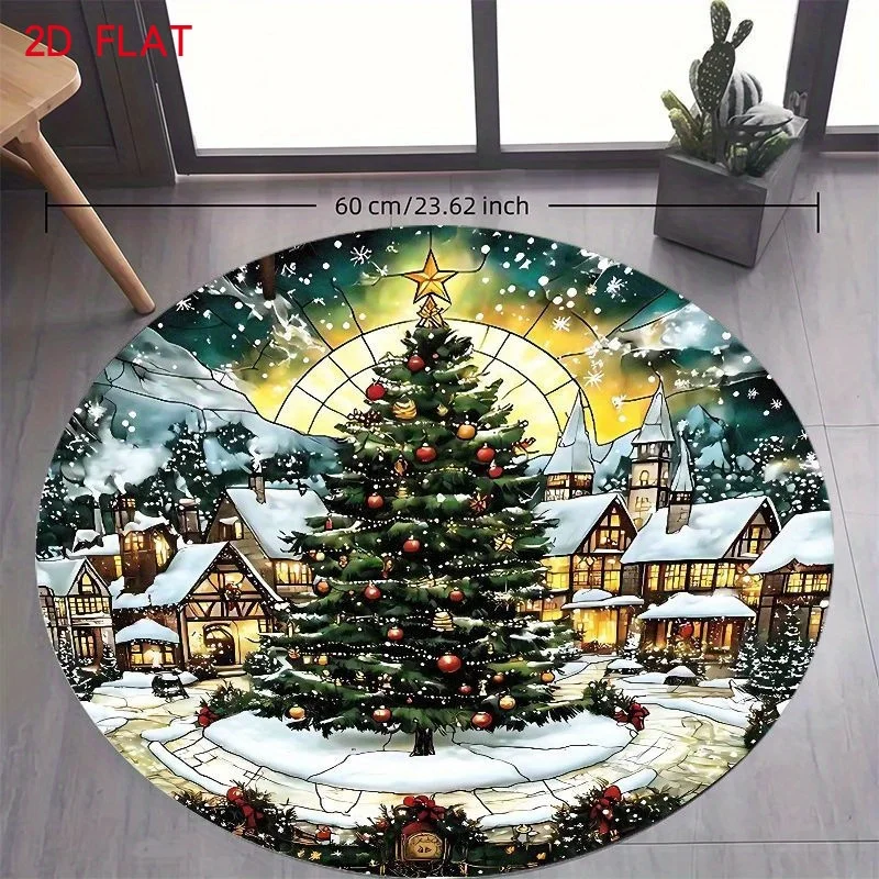 Stained‑Glass Christmas Village Round Rug,Winter Snowy Town Xmas Tree Printed Circular Floor Mat,Holiday Indoor Carpet