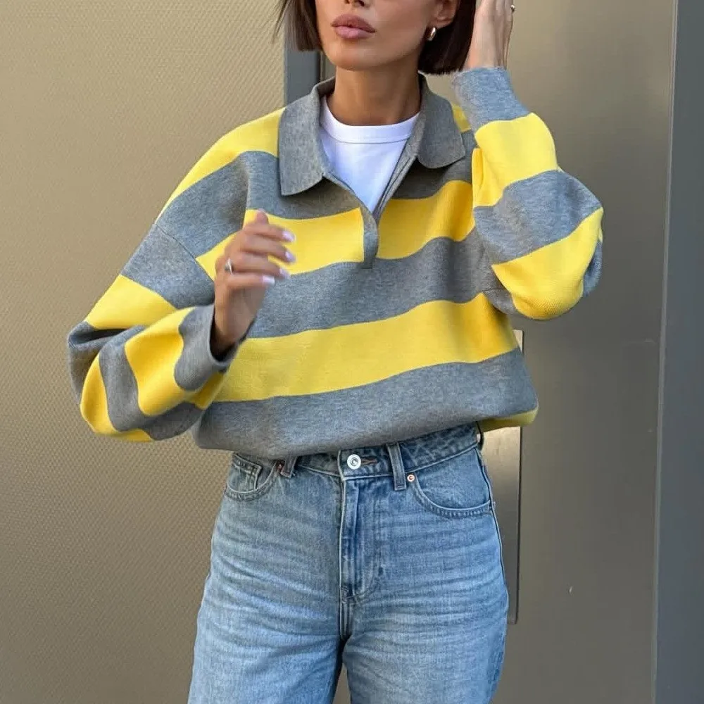 MsChuh Autumn Party Dresses For Woman Casual Fashion Striped Sweater Contrast Comfortable Simple Style Loose All-match Trendy