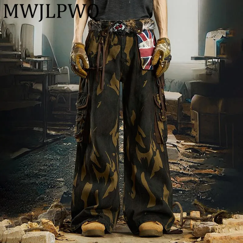 

MWJLPWQ Patchwork Multi-Pocket Camouflage Cargo Jeans Men's Hiphop Chic Pants American Street Outdoor Loose Casual Tousers 12732