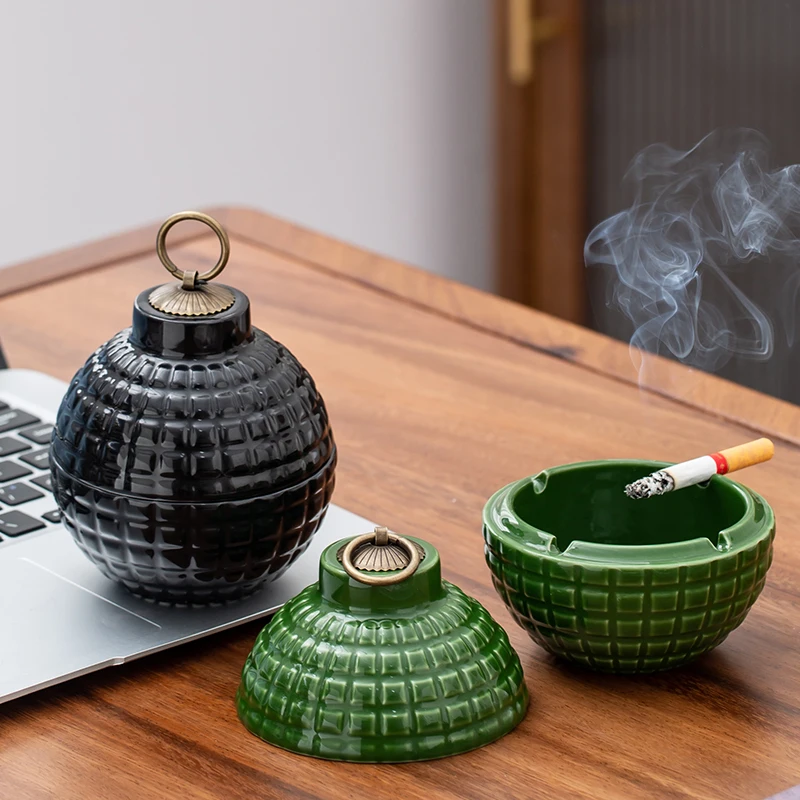 Creative Grenade Ceramic Ashtray with Lid Home Anti-fly Ash Ornaments Living Room Office Decoration Simple Modern Round Ashtray