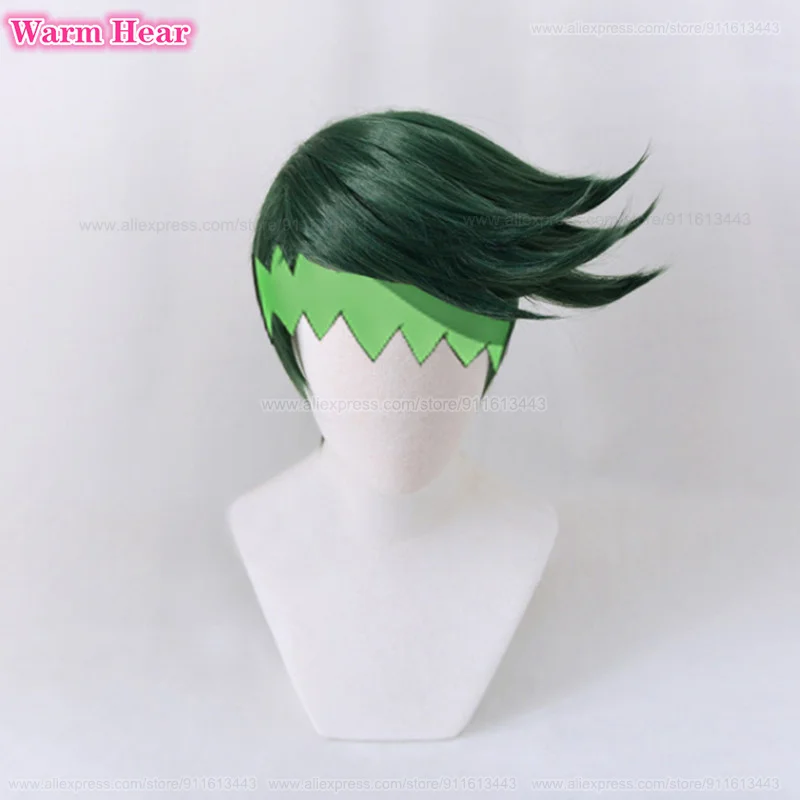 Rohan Kishibe Peruca Sintética, Verde Escuro Curto, Cosplay, Hairband, Cabelo Resistente ao Calor, Perucas de Festa, Boné Grátis, Anime, Em Stock