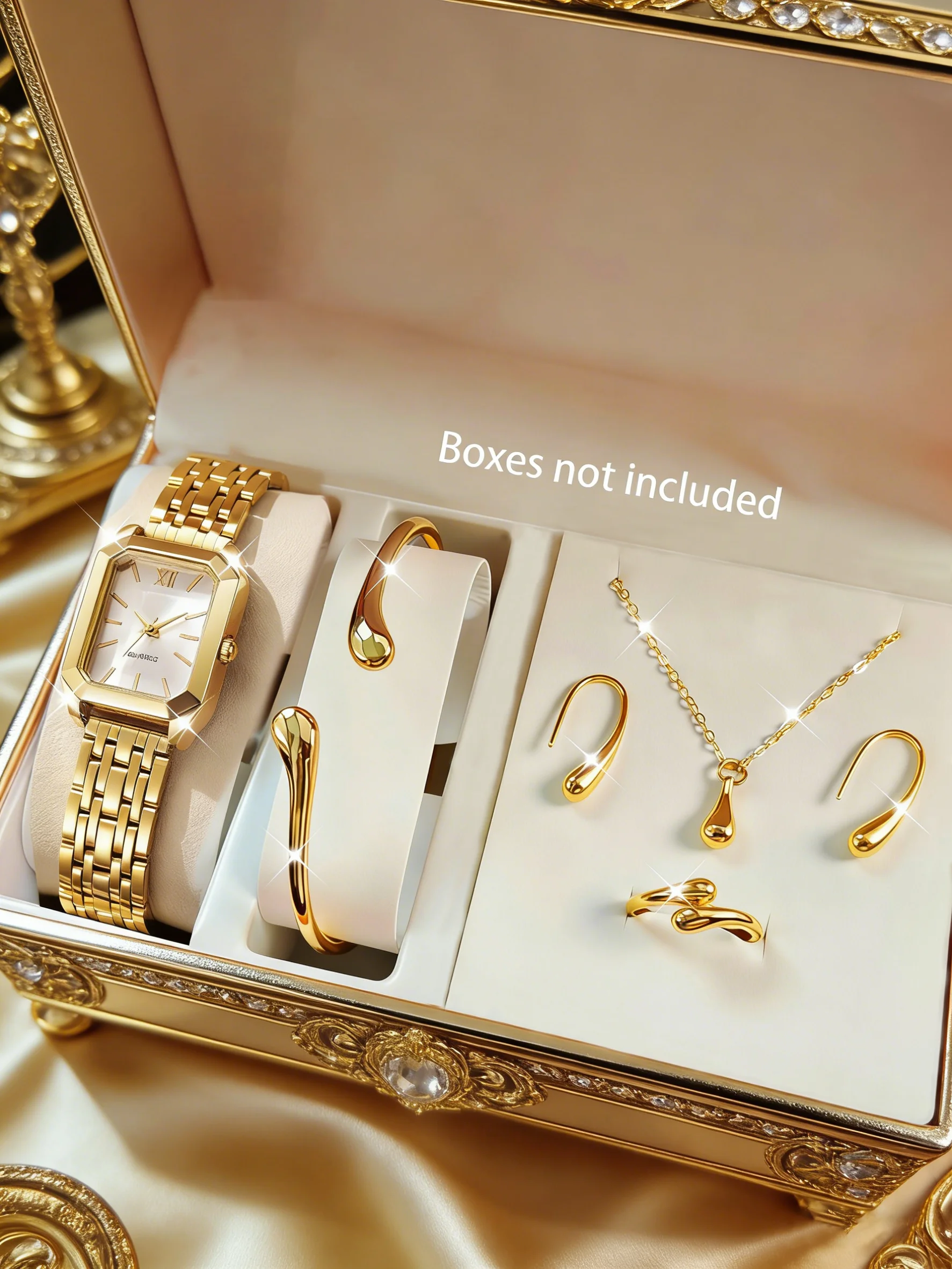 Elegant Gold Square Ladies Watch 5Pcs Jewelry Set Minimalist Jewelry Gift Set For Women