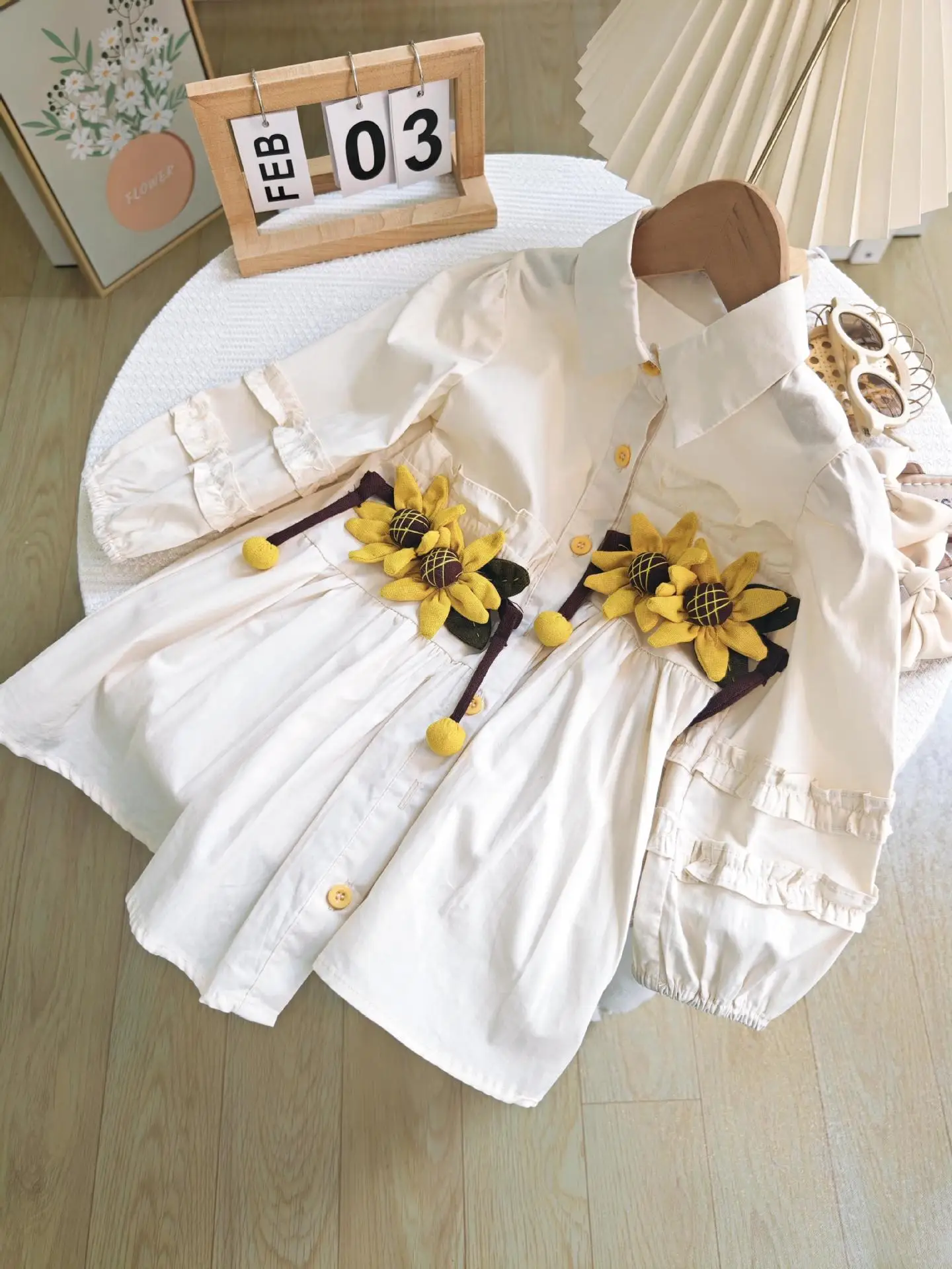 2024 Spring/Summer New Girl\'s Dress Fashion 3D Flower Sticker Decoration Cute Dresses Flip Collar Shirt Dress for Girls and Baby