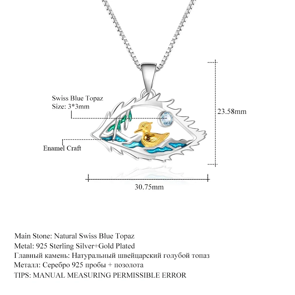 GEM'S BALLET Handmade Enamel Pendant Necklace 925 Sterling Silver Natural Swiss Blue Topaz Gull Lake Willow Women's Necklace