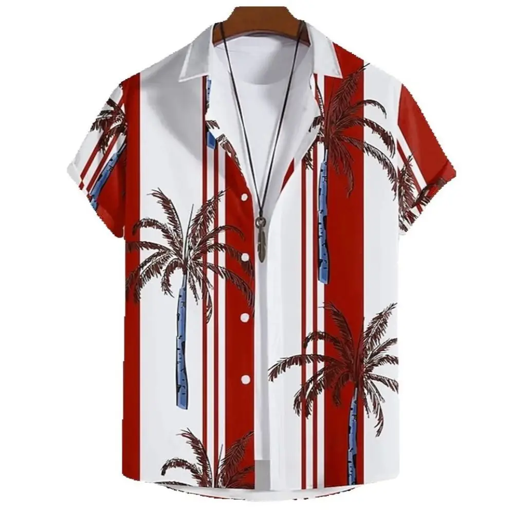 

Vertical Stripes Tropical Floral Coconut Tree Print Tops Vacation Blue Hawaiian Retro Short Sleeve Shirt Fashion Men's Clothing