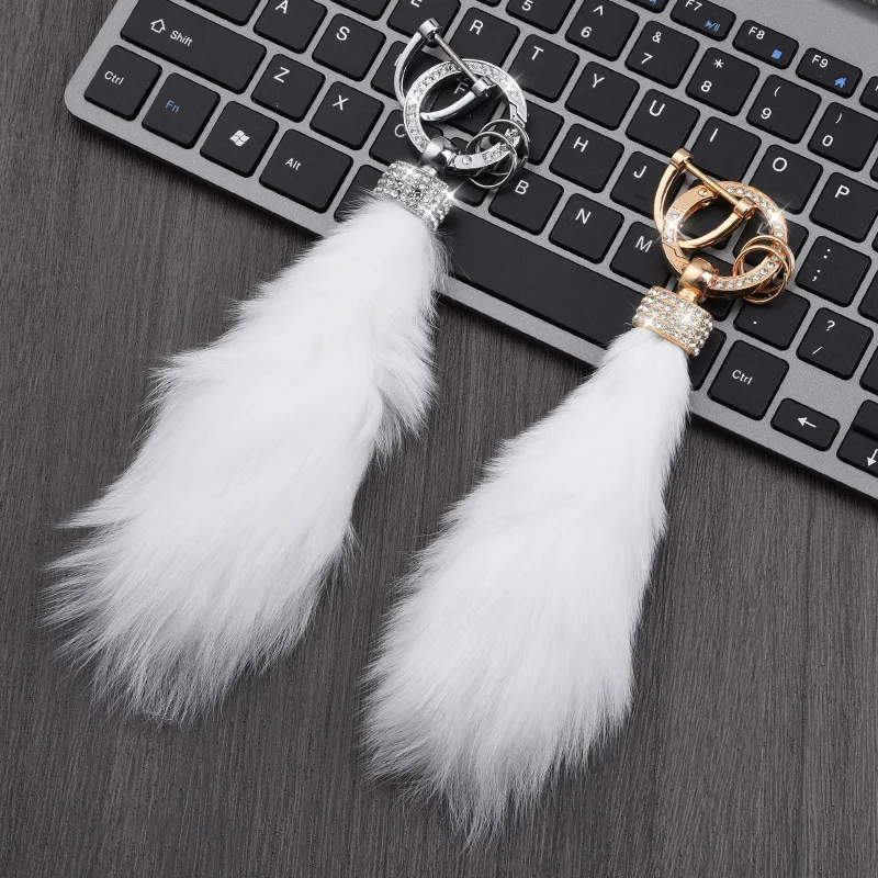 Fashion Real Fur Mink Tail Car Keychain for Women Fluffy Tassel Pendant Crystal Keyring Charms Bag Ornament Soft Fur Key Holder