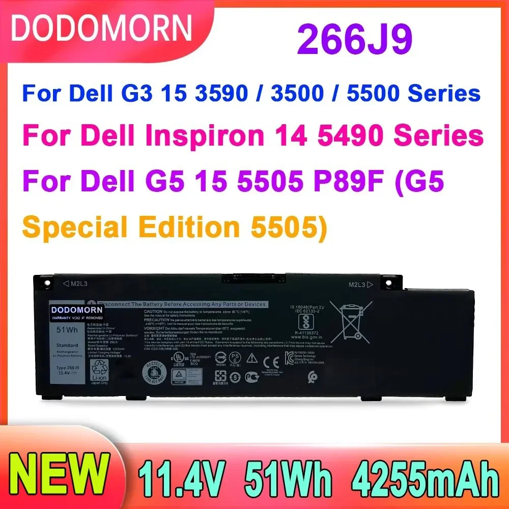 

New Laptop Battery 266J9 For Dell G3 15 3590 3500 G5 15 5500 5505 Inspiron 14 5490 M4GWP PN1VN 11.4V 51WH