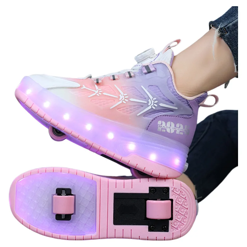 

Новые модные детские двухколесные роликовые коньки с невидимыми пуговицами, светящиеся роликовые туфли для мальчиков и девочек, студенческие кроссовки