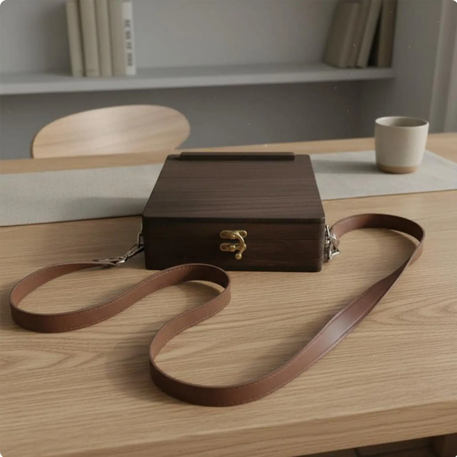 Portable Messenger Storage Case Paulownia Wood Personal Organizer Bag with Strap for Writing and Drawing