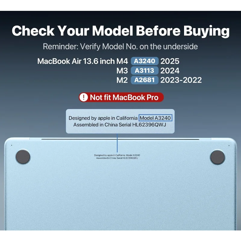 حافظة صلبة فائقة الوضوح بنسبة 100% لجهاز MacBook Air مقاس 13.6 بوصة (M4-M2 2022-2025). كريستال شفاف، قوي، يحمي من الخدوش والصدمات