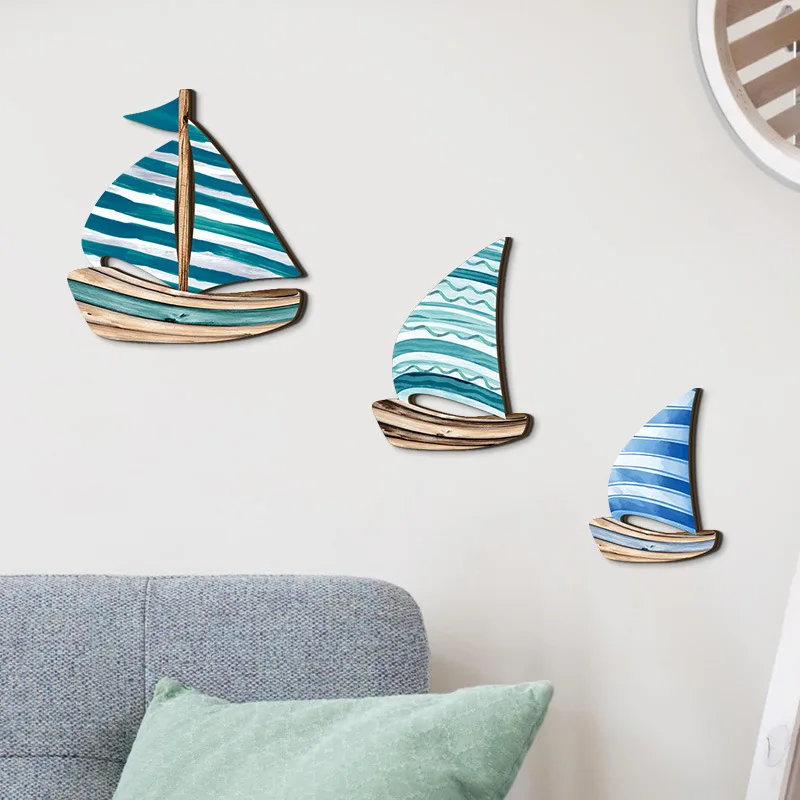 Mediterranean Style Sailboat Wooden Hanging Pendant Ocean Beach Themed Wall Sticker Children Room Decoration
