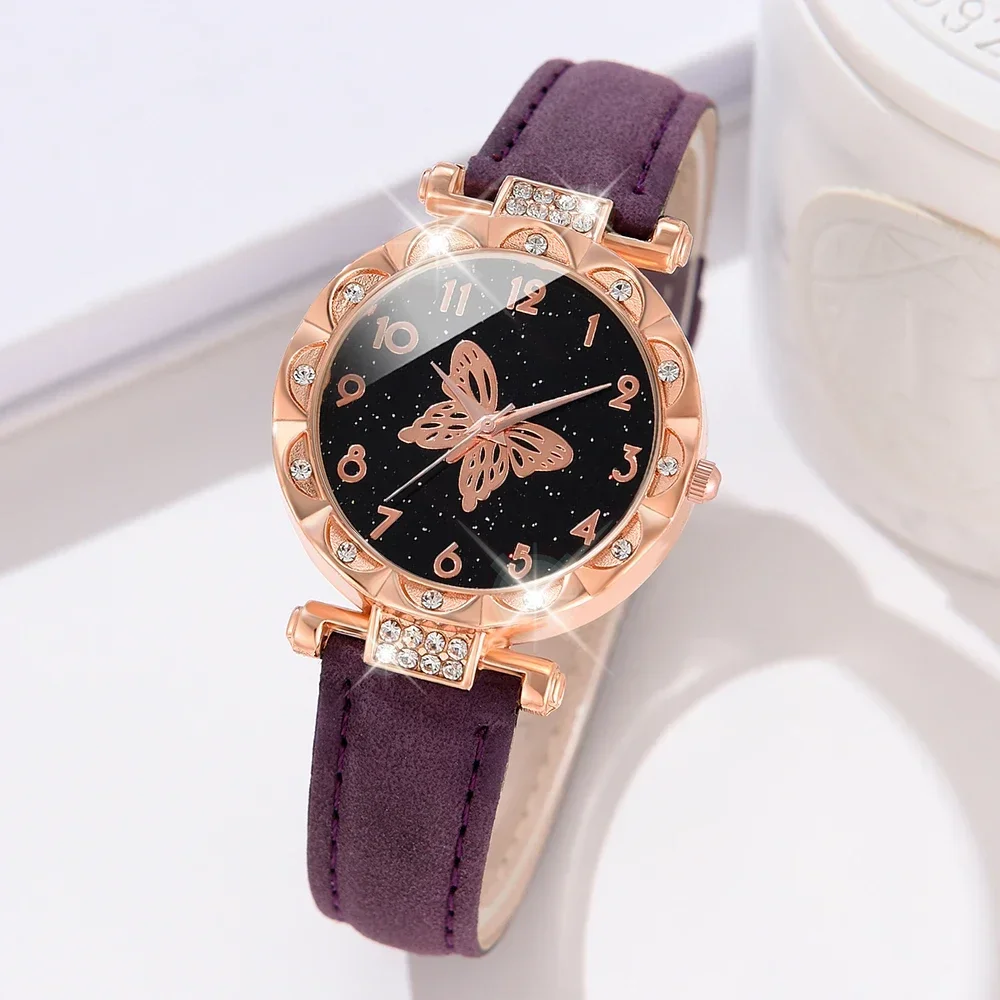 5PCS/Set Purple Women Watch Butterfly Element Black Dial Quartz Wristwatch Frosted Strap Watch Jewelry Set Gift For Girls