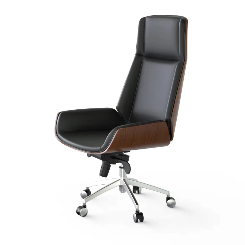 

Modern leather upholstered office chair with curved wood back, adjustable height, with chrome legs