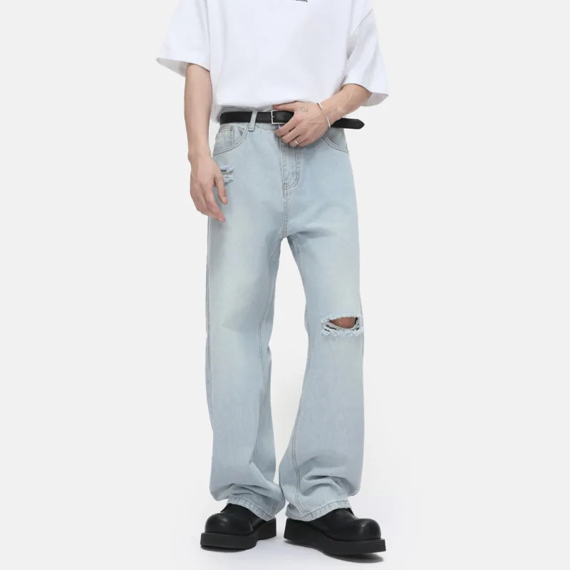 SYUHGFA الرجال الموضة المتعثرة الرجال الدنيم السراويل ثقوب تصميم الكورية نمط الصلبة Colro مطحنة الأبيض الذكور منحني سكين الجينز