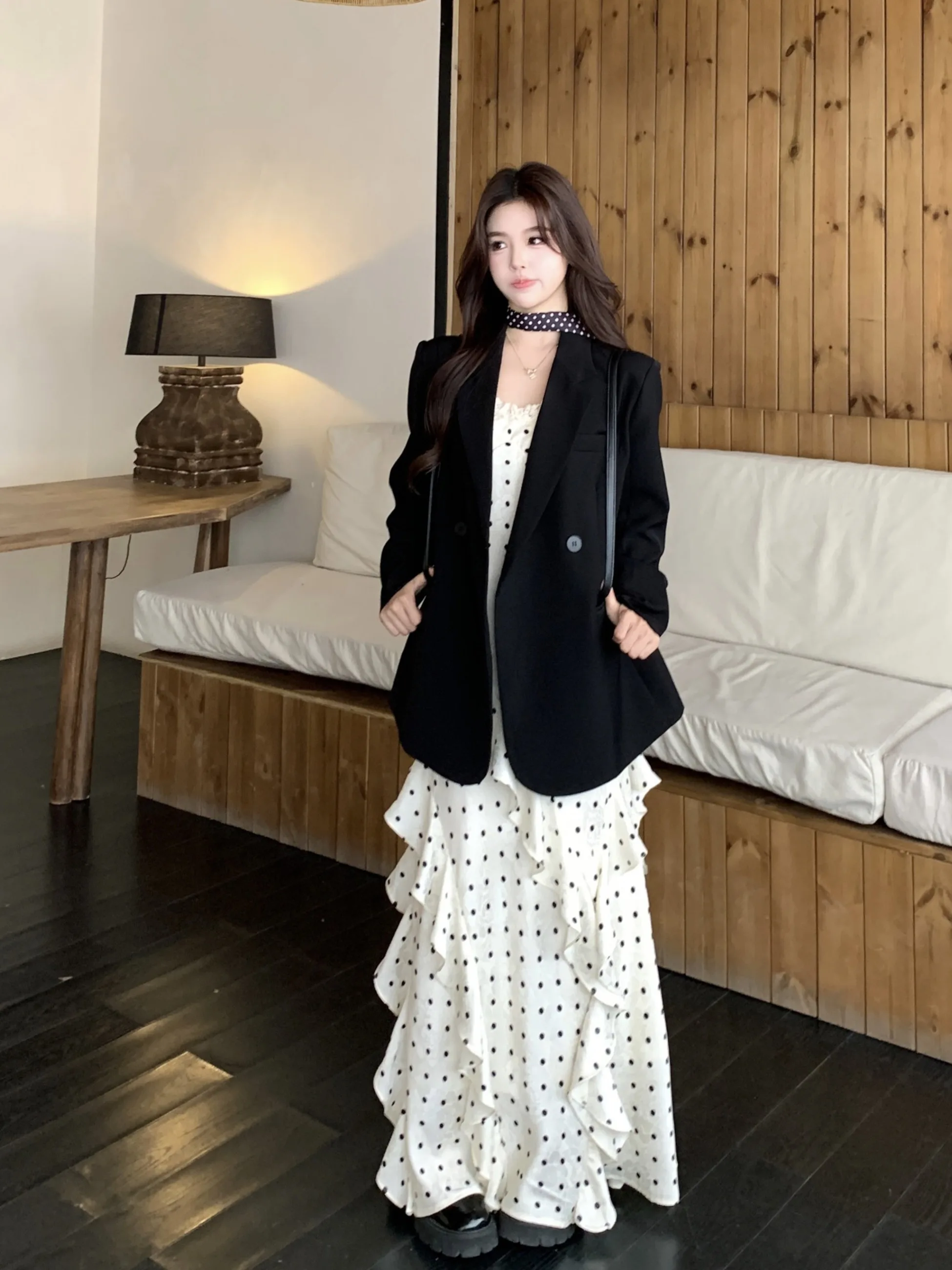 

plus Size Fashion Set Black Suit Coat with Blouse Dress Polka Dot Long Sleeve High Waist A-Line Skirt for plus Size Women