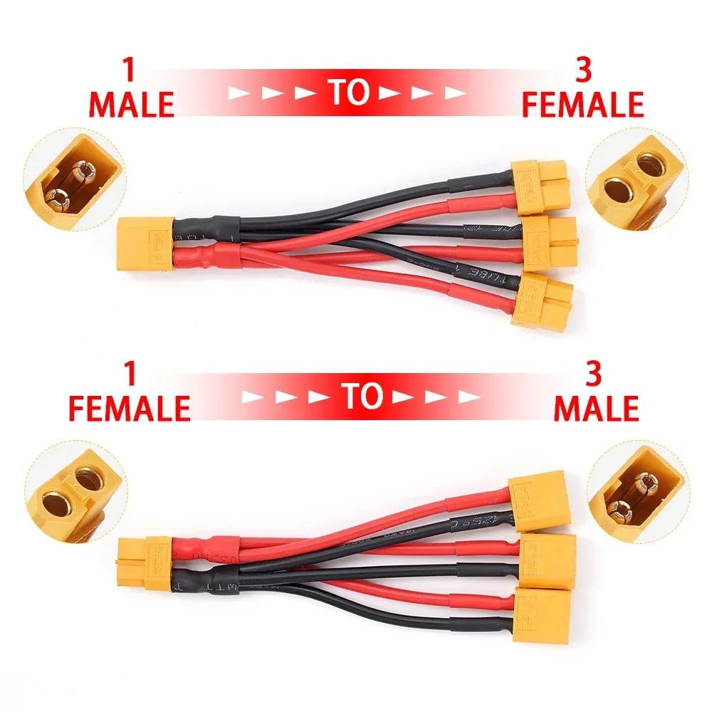 Conector de bateria paralelo XT60 macho e fêmea, extensão Y divisor para carregador de bateria, 1-3 fio de silicone, 14AWG