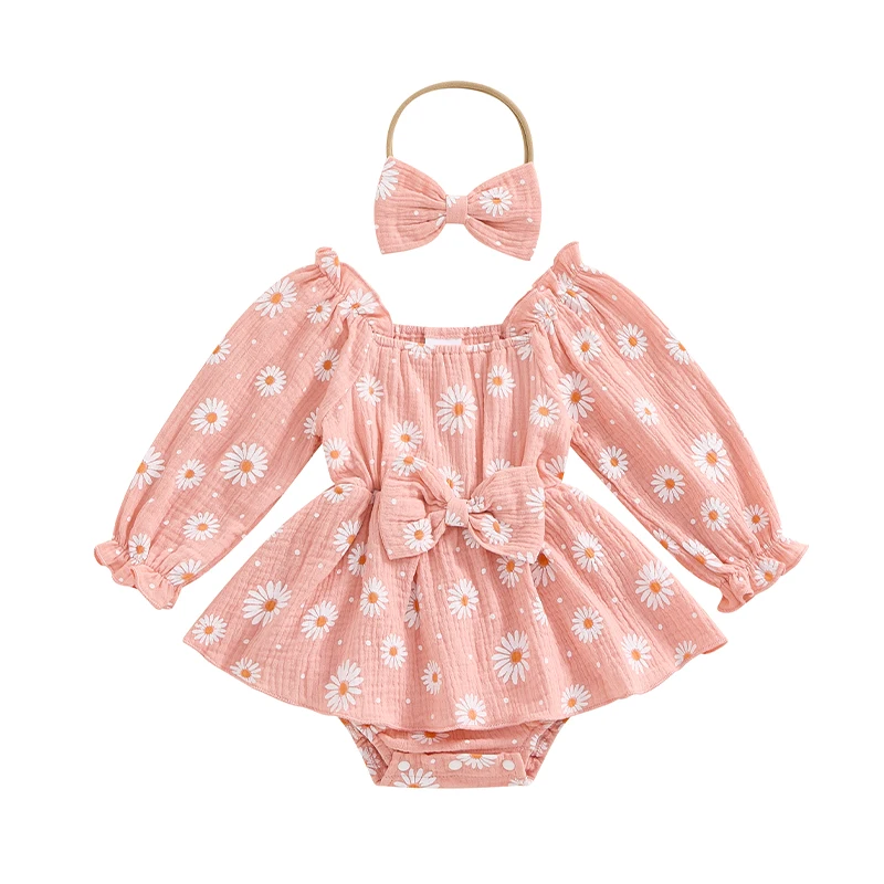 

Daisy Print Baby Girl Floral Romper Dress Cotton Linen Long Sleeve Jumpsuit Off Shoulder Ruffle Bodysuit Headbands