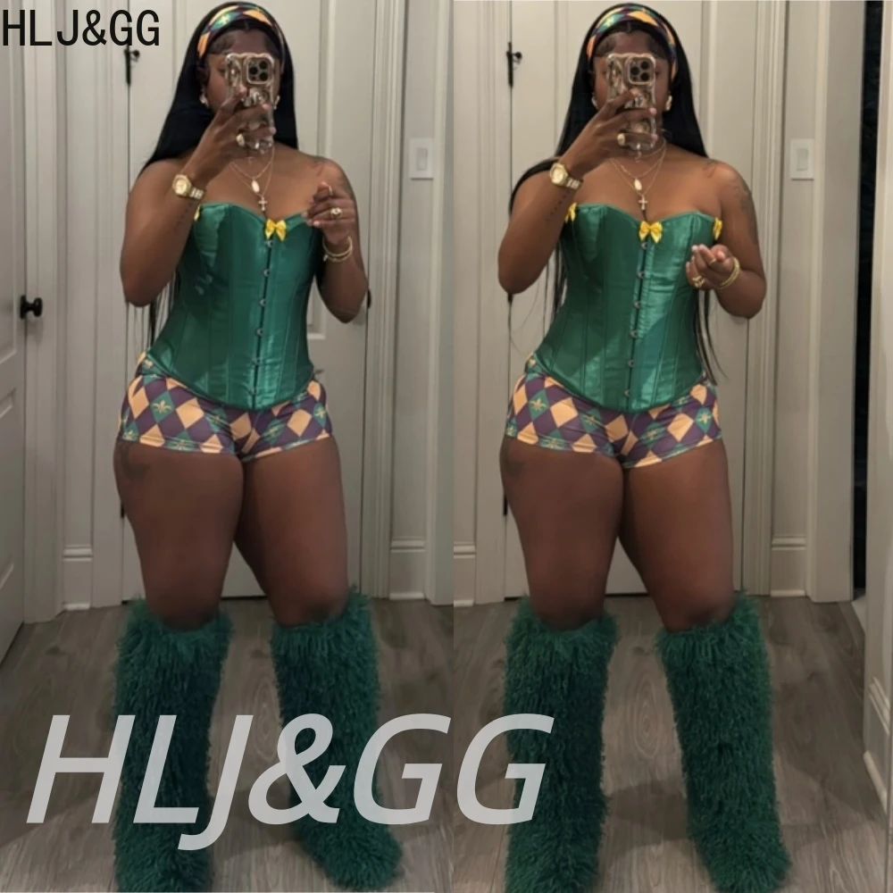 

HLJ&GG Fashion Trend Corset Off Shoulder Two Piece Sets Women Sleeveless Backless Slim Top And Shorts Outfit Carnival Streetwear
