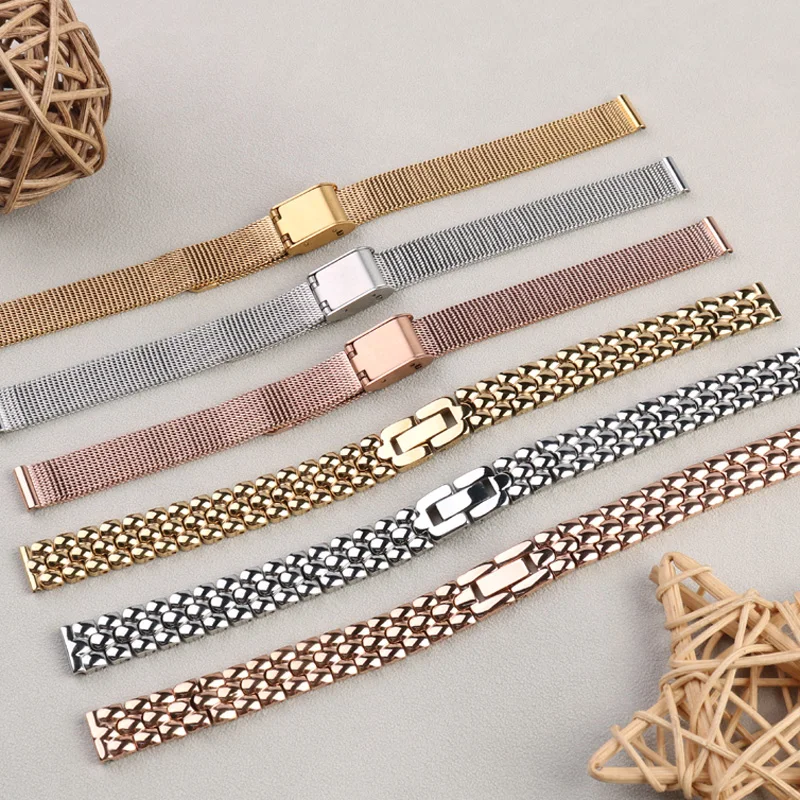 Small Size Stainless Steel Watch Band 6mm 8mm 10mm 12mm 14mm Ladies Stainless Steel Mesh Belt Watch Strap Ultra-thin Bracelets