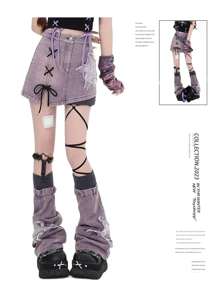 

Women's Purple Star Skirt Leg Set Y2K Fashion Japanese Streetwear Academy Sexy Harajuku Retro 2000s Mini Skirt 2024 Clothing New