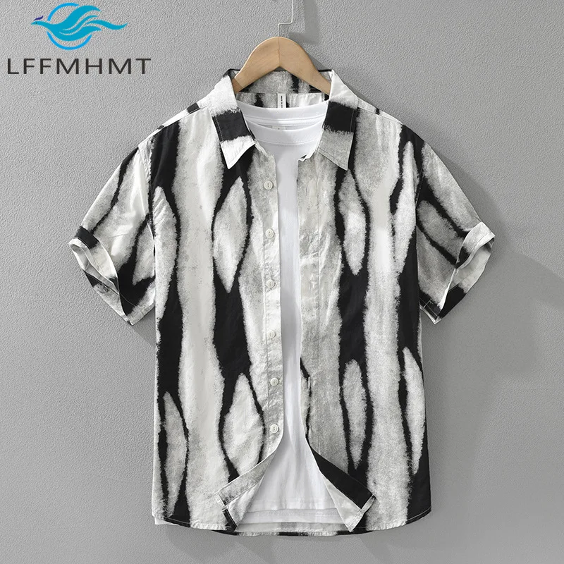 

8180 100% Cotton Vintage Striped Shirt for Men Summer Fashion Short Sleeve Slim Fit Casual Streetwear Youth Teens Daily Tops