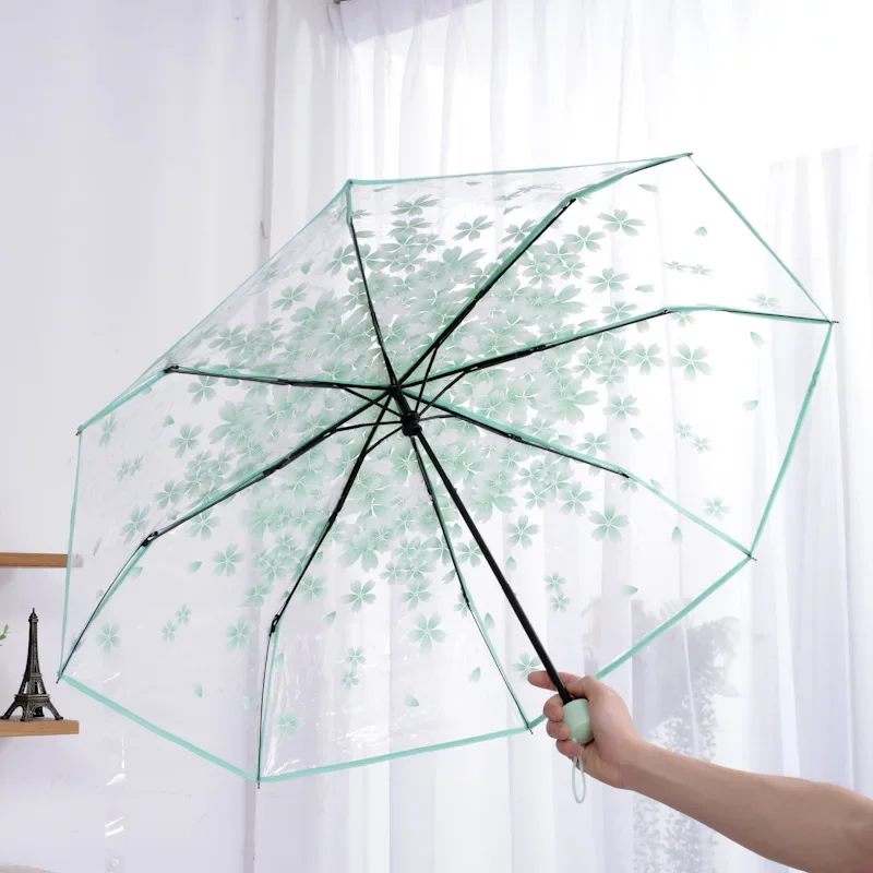 Cherry Blossoms Umbrella Transparent Sakura Rain Umbrellas Manual Open Type Umbrella with Strong Alloy Handle for Men Women