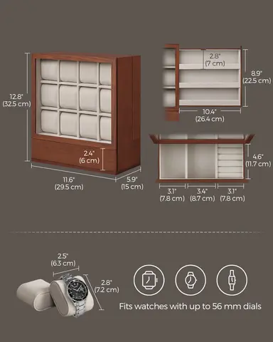 SONGMICSHOME klocklåda i trä med 12 fack, klockdisplay med fönster, klockdisplayskåp, sammetsfoder, presentidé 8 best sales 12-fack klocklåda - №7