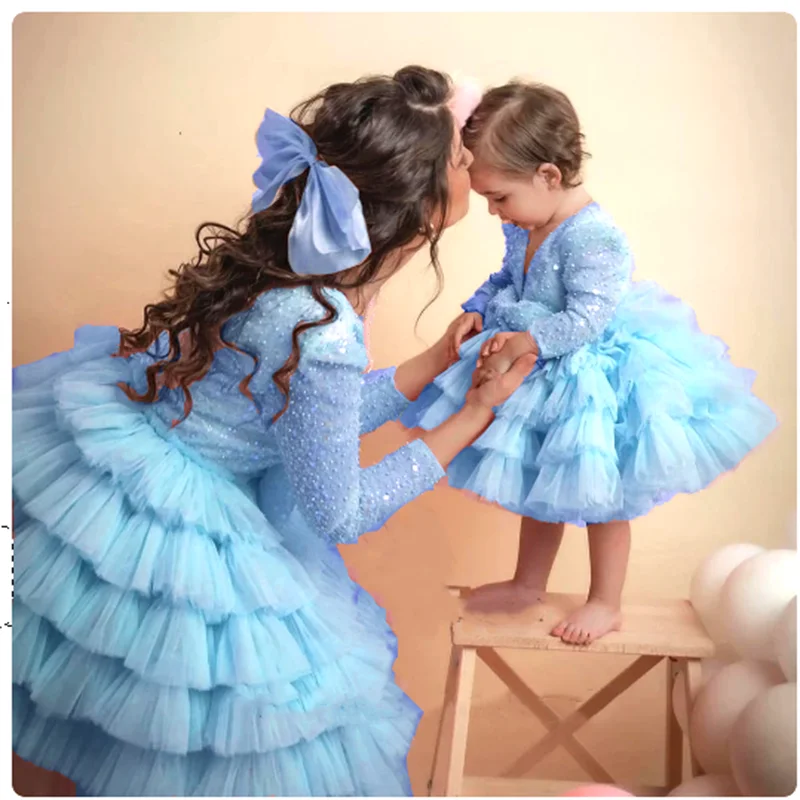 Lovely Flower Girl Dresses Layered Iight Blue Princess Birthday First Communion Ball Celebration Costume