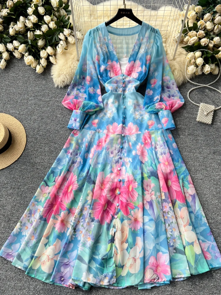 Vintage Two-piece Set Dresses Women Clothing 2024 Vestidos De Mujer Single Breasted Robe Femme Sweet Floral Summer Maxi Dress Wj