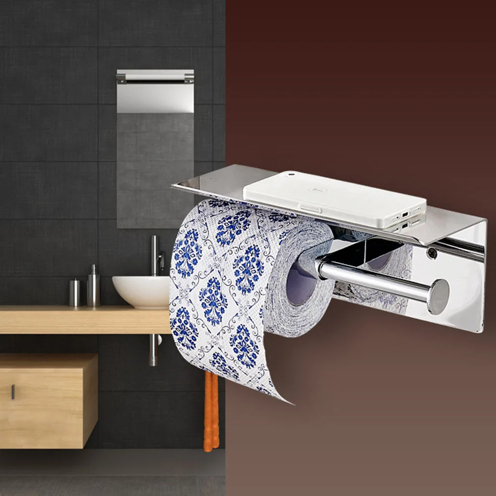 

Double Stainless Steel Toilet Paper Holder Wall Mount Rust Resistant with Mobile Phone Shelf Rack for Bathroom Home Office Hotel