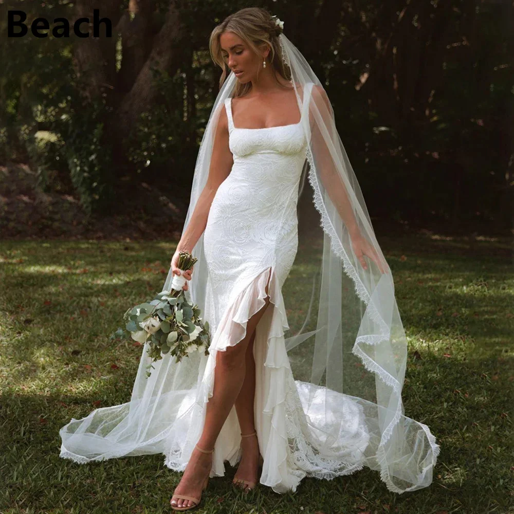 

Boho Spaghetti Lace Tulle Wedding Dresses for Women Mermaid Square Neck Bridal Gowns Straps Sleeveless Court Train