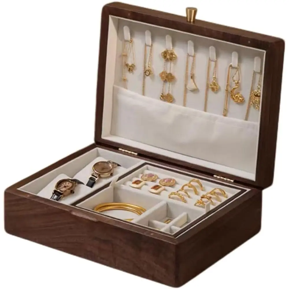 

2 Layer Solid Black Walnut Wooden Jewelry Box for Women & Men - Vintage Organizer for Earrings, Rings, Necklaces, Bracelet, Watc