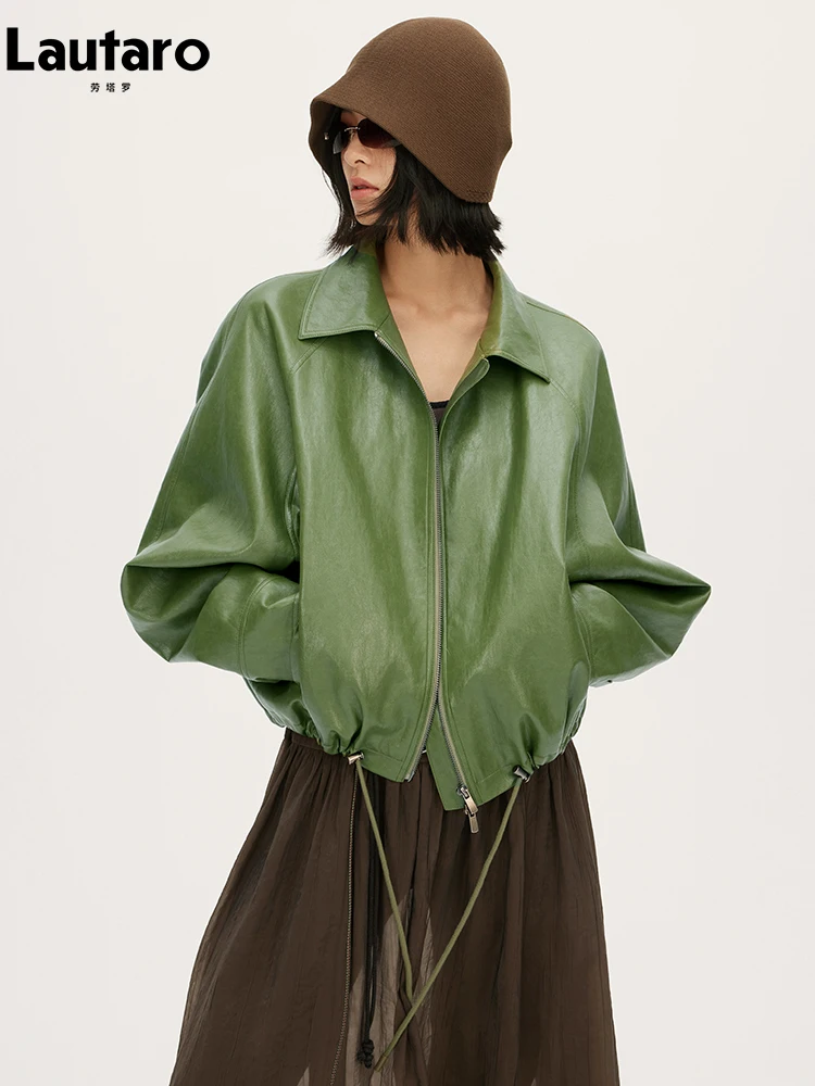 Chaqueta Corta de Cuero Sintético Verde para Mujer, Marca Lautaro, Primavera-Otoño 2026, con Cierre, Diseño de Lujo, Estilo Coreano Informal y Holgado