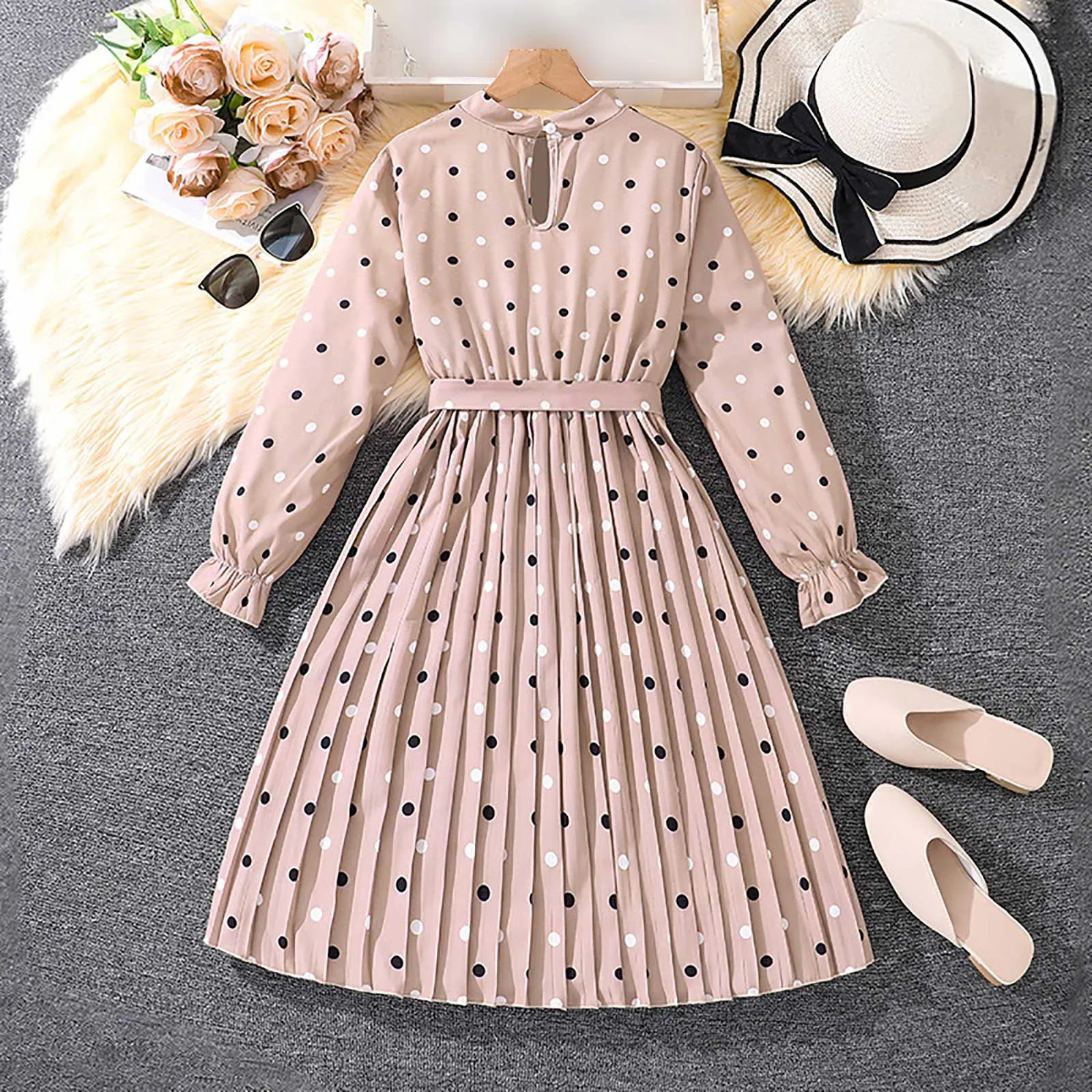 Kids Casual Dress for Girls Clothes Autumn Winter 2024 New Children Fashion Dot Print Long Sleeve A-line Dress with Belt 7-14Y