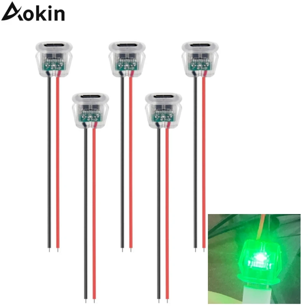 5/10pcs USB Type-C Female Chassis, 2pin with LED 3A Soldering Jack 2 Wire USB C Panel Mount Connector 24AWG USB C Pigtail Cable