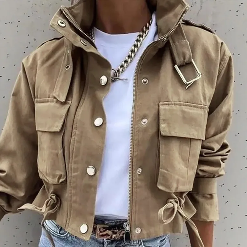 Khaki Stand Collar Cargo Jacket Zip Button Front Drawstring Hem Multi Flap Pockets Epaulet Long Sleeve Cropped Outer Coat 260602