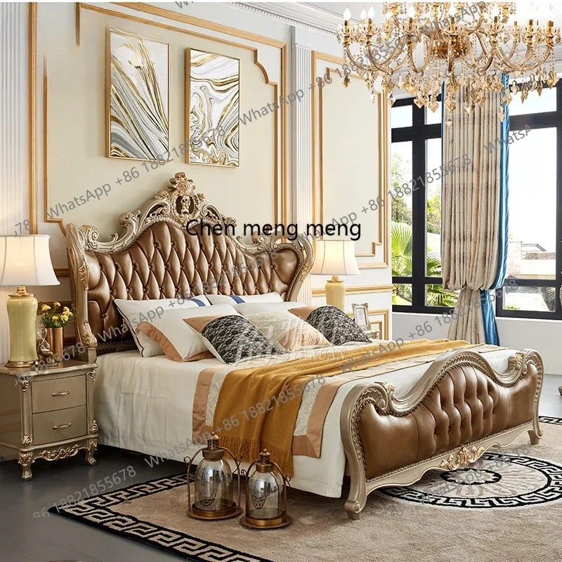 European leather bed master bedroom champagne gold master bedroom solid wood carving flower first layer cowhide wedding bed