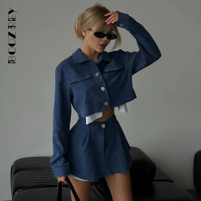 BoozRey Blazer Vintage con bottoni set di due pezzi Blazer con colletto rovesciato top e minigonne a-line Femme High Street Y2K Outfits
