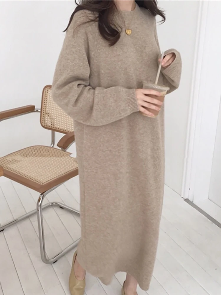 

Knitted Sweater Dress Women Winter Dresses Full Sleeve Female Warm Loose Oversize Dress Solid Elegant Long Knitwear Robe Longue