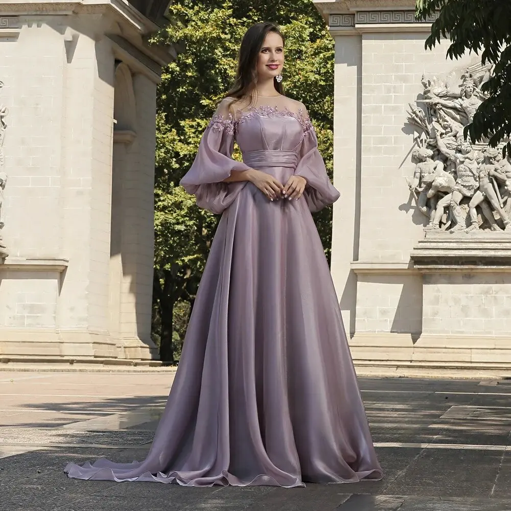 Luxury Prom Dress Simple Long Sleeve Floor Length Pleat O-Neck Appliques Sweep Train Evening вечернее платье Women 2023