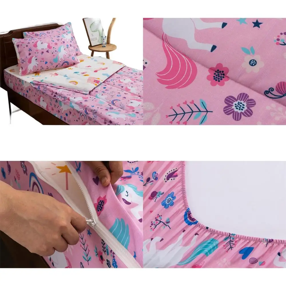 

Pink Unicorn Floral Microfiber Twin Bedding Set with Zipper Comforter, Fitted Sheet & Pillowcases